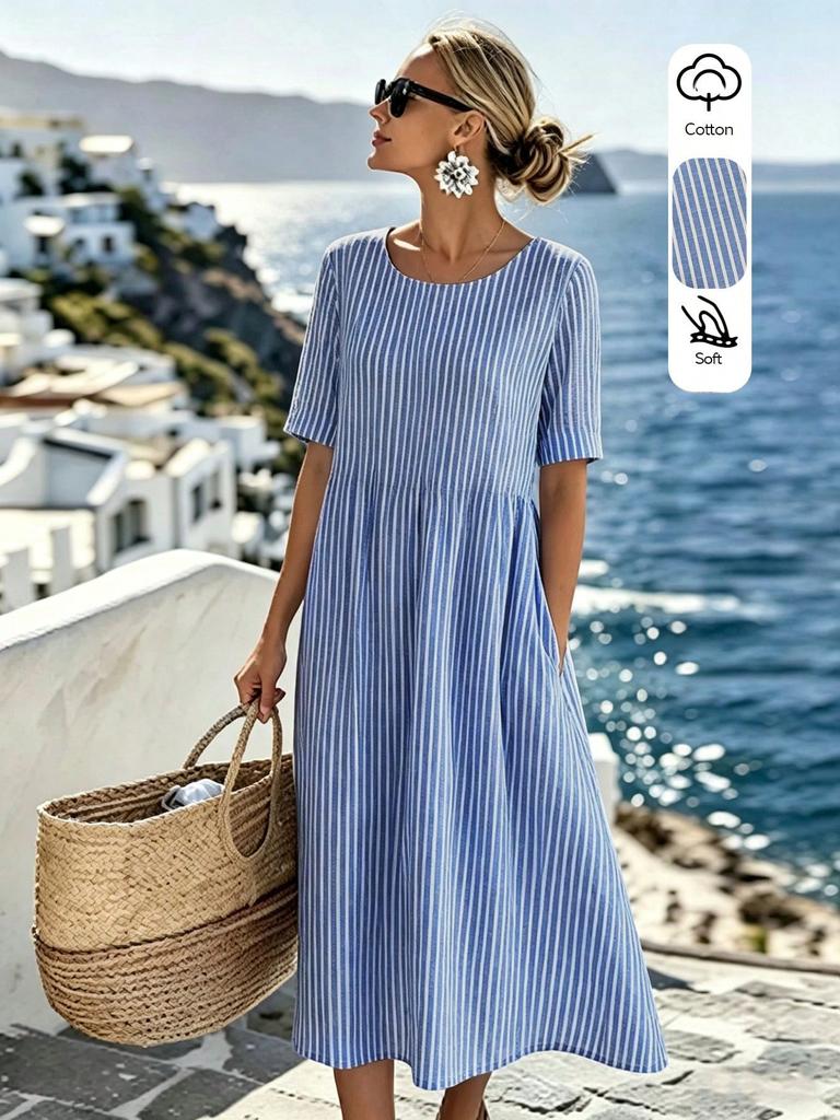 Blue-white Striped Casual Dress, Round Neck Short Sleeve, Linen Blend Fabric for Travel & Daily Commute