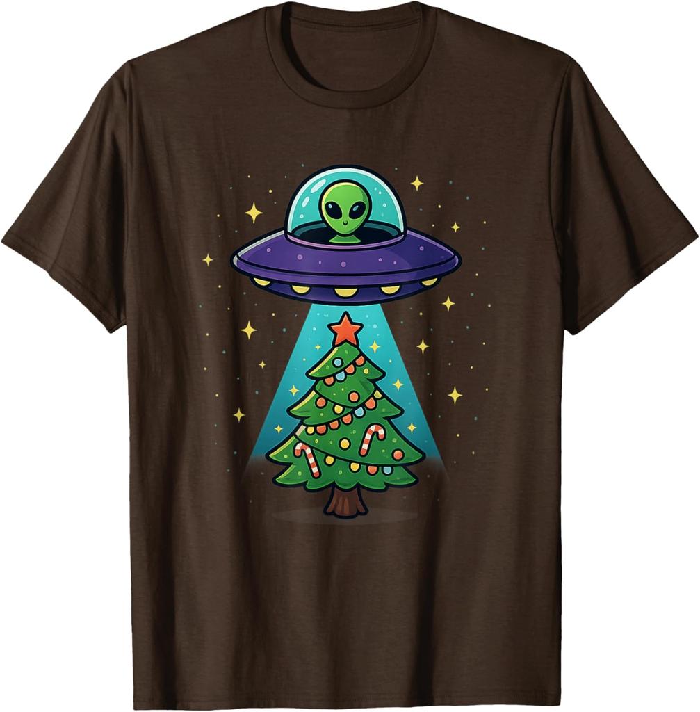 Alien UFO Abduction Christmas Tree Graphic Tee Funny Holiday Casual Cotton T-Shirt