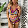 Crochet Bikini Sets Multi Color Knitted Rainbow Striped Off Shoulder Top + Bottom Bikini Beachwear Bathing Suit Women Swimsuit