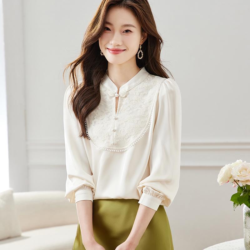 Elegant 2025 Spring Chiffon Blouse with Traditional Chinese Frog Button and Heavy Embroidery for Women