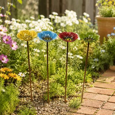 Metal Bird Bath Stand Flower Shaped Ground Insert Garden Insect Birdbath Colorful Iron Art Flower Garden Stake Household