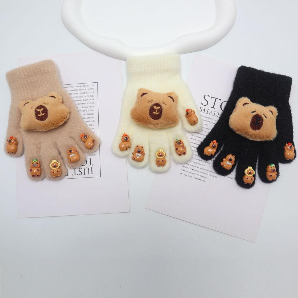 Capybara Unisex Winter Manicure Gloves for Kids - Warm Five-Finger Design