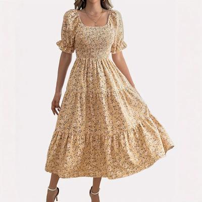 Floral Print Square Neck Smocked Waist Puff Sleeve Midi Cake Dress Women Casual Vacation Outfit