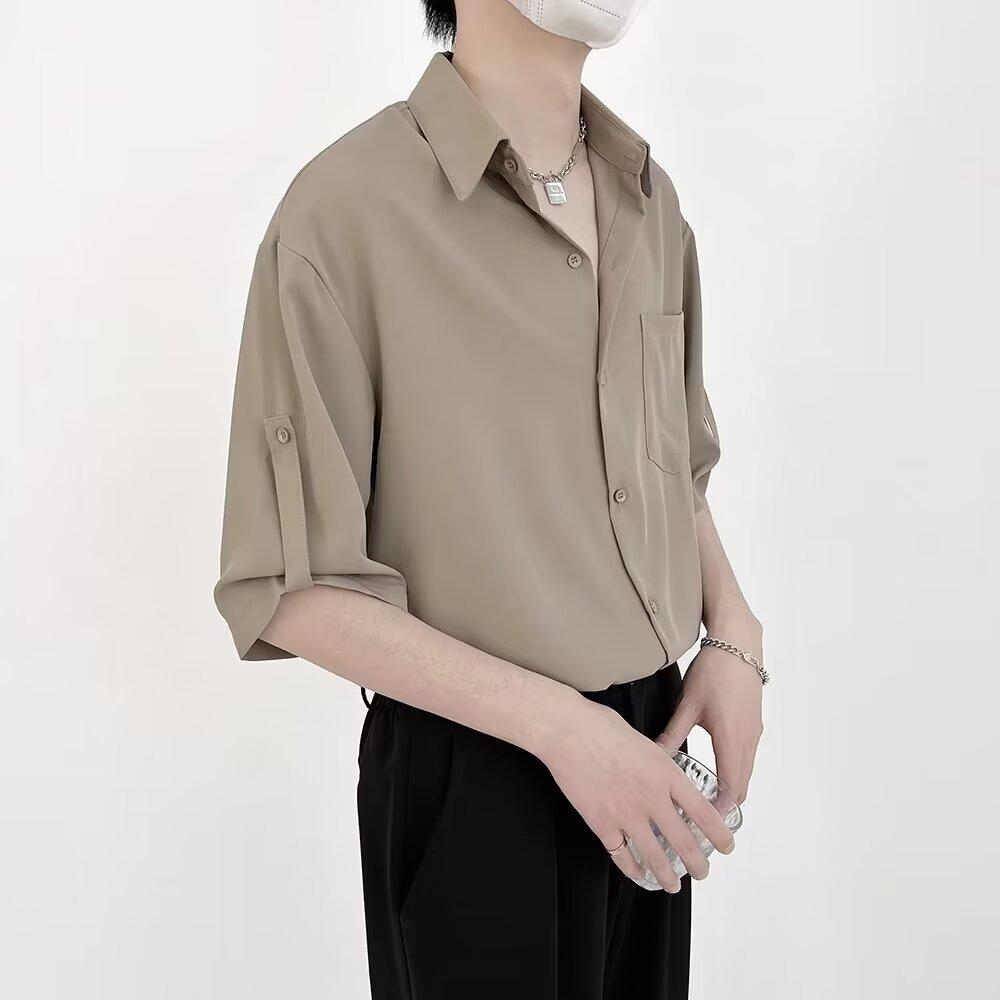 Hanging Five Quarter Sleeve Shirt For Men, Ice Silk Non Ironing Trendy Brand Top, Loose And Versatile Men'S Short Sleeved Shirt, Summer