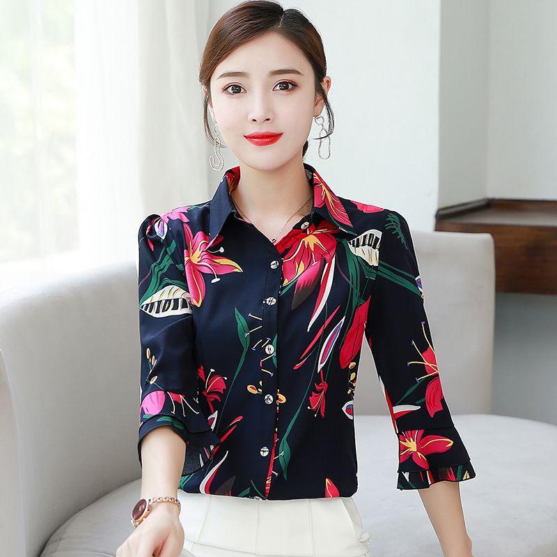 Koreanische Sommer Herbst Neue 3/4 Hülse Druck Hemd frauen Top Drehen Unten Kragen Flare Hülse Chiffon Bluse S-5XL