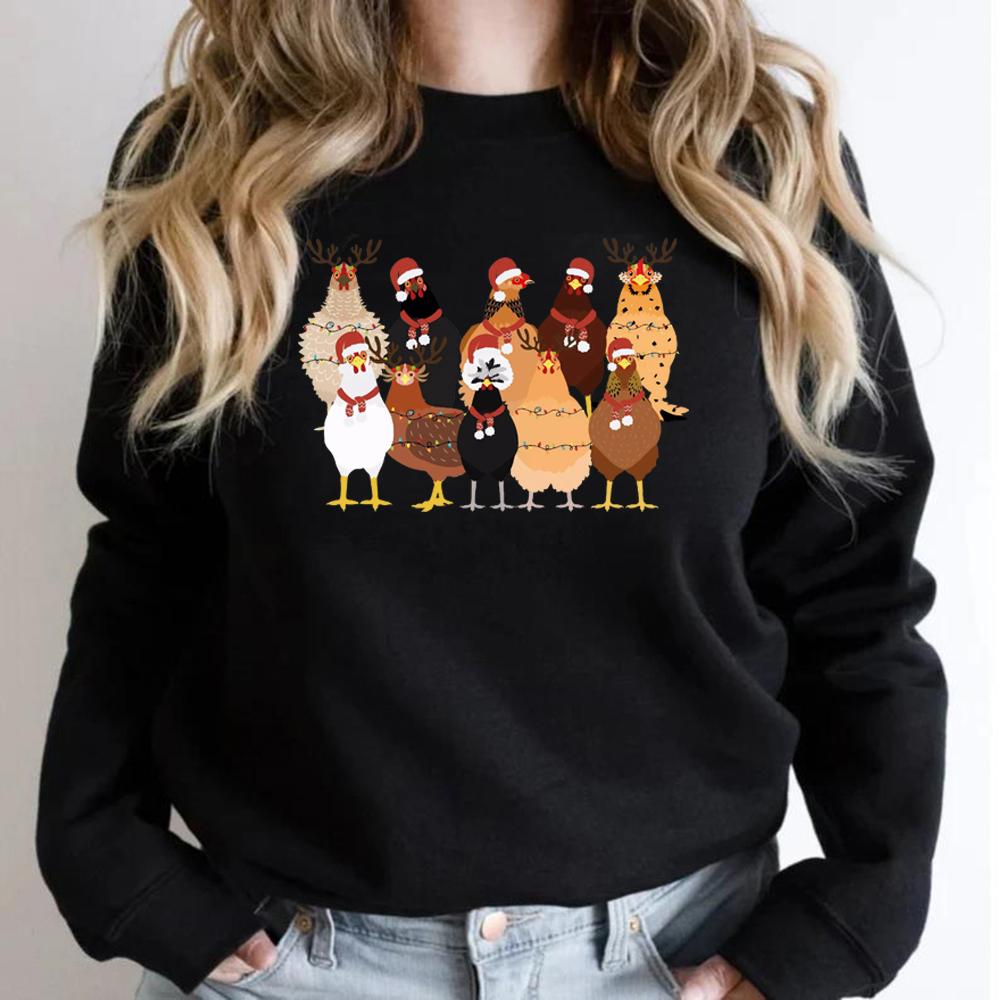 Christmas Chickens Sweatshirt Christmas Farm Animals Sweatshirts Women's Christmas Chicken Sweatshirt Long Sleeve Pullover