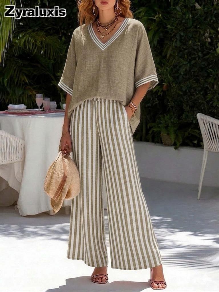 Women's V-Neck Top & Straight Leg Striped Casual Pants Set