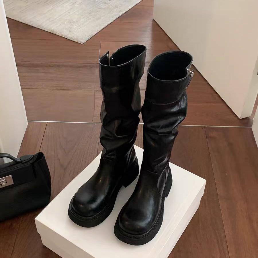 New Spot Pre-sale~ New Wasteland Wind-pleated Piling Boots Can Be Folded for Two Wears, Long Boots Thick Heel Thick Sole High Tube