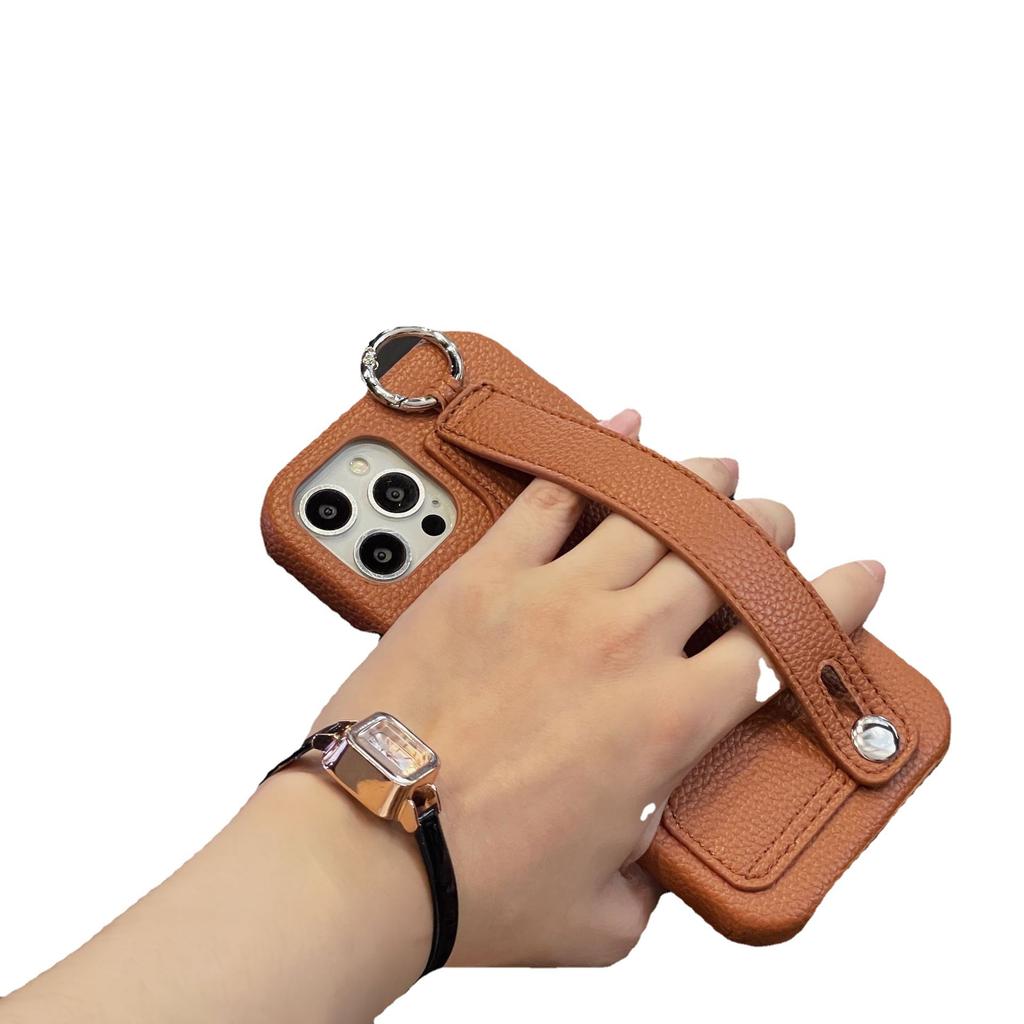 Wrist Card Mobile Phone Case iPhone17 Pro Max for Apple 13 Lychee Pattern Leather Bracket Case XS