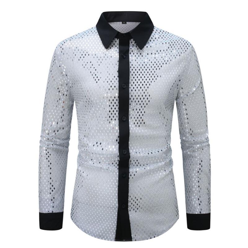 Men Sequin Sparkle Long Sleeve Shirt Contrast Black Collar Slim Fit Party Clubwear Blouse S