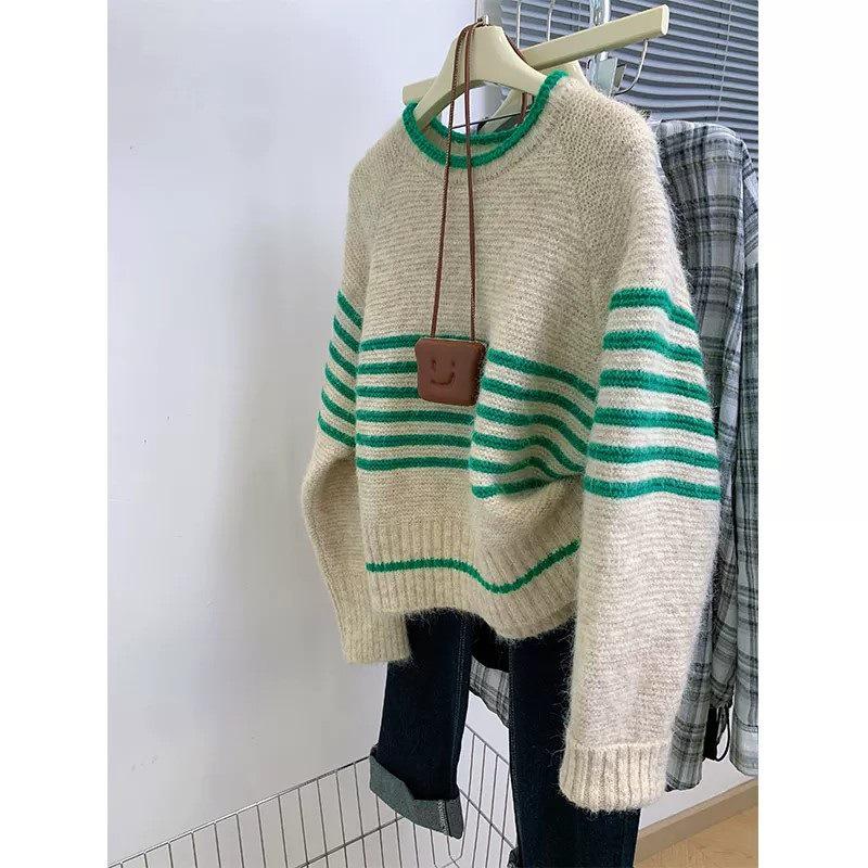 Women's Retro Stripe Knit Sweater - Versatile Loose-Fit Autumn Layer