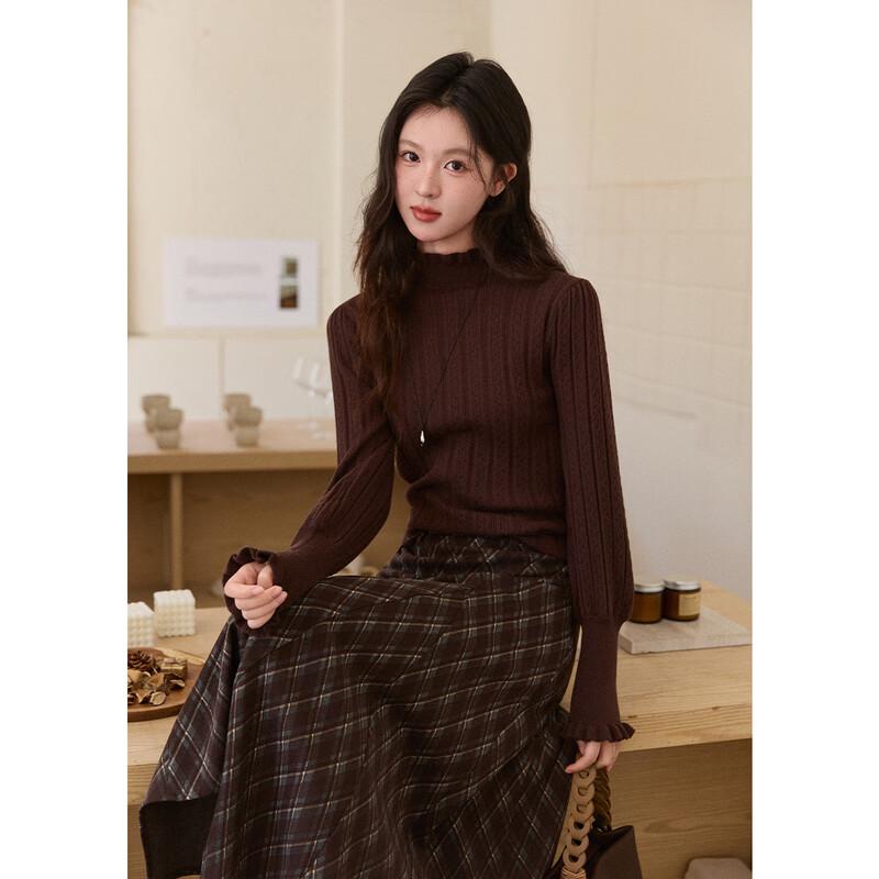 Women's Ruffle Trim Mock Neck Ribbed Knit Pullover
