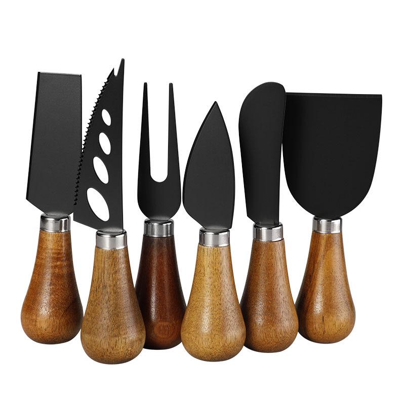 Black Stainless Steel Cheese Knife Set with Acacia Wood Handles & Western Cutlery - Self-Standing Cheese Knife, Fork & Spatula