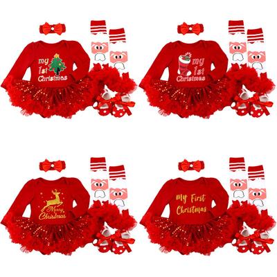 Baby Girls Christmas Outfits 4pcs Suit Newborn Romper Tutu Dress Headband Leg Warmer Shoes Toddler Clothes