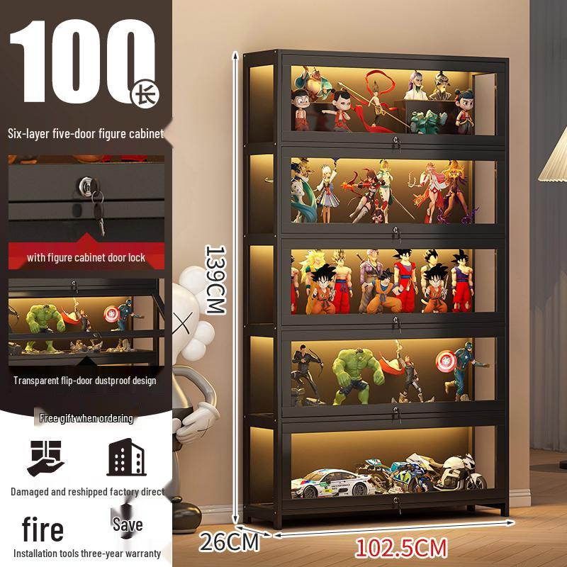 Acrylic Lockable Display Case with LED Lights for Figurines and Models, Dustproof Transparent Stand