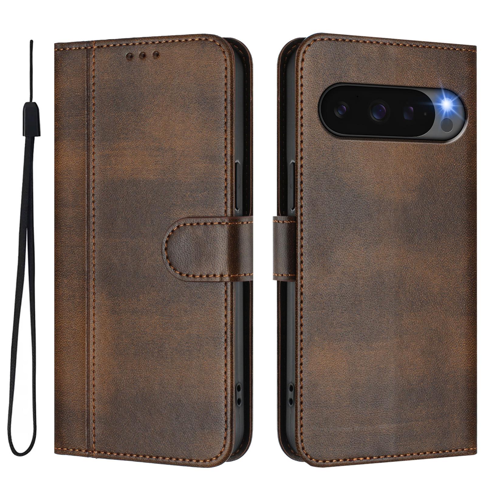 

For Google Pixel 9 Cases Wallet Stand Retro Texture Leather Phone Cover with Lanyard Brown