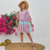 Women's V Neck Three Quarter Sleeve Printed A-Line Casual Tunic Midi Dress