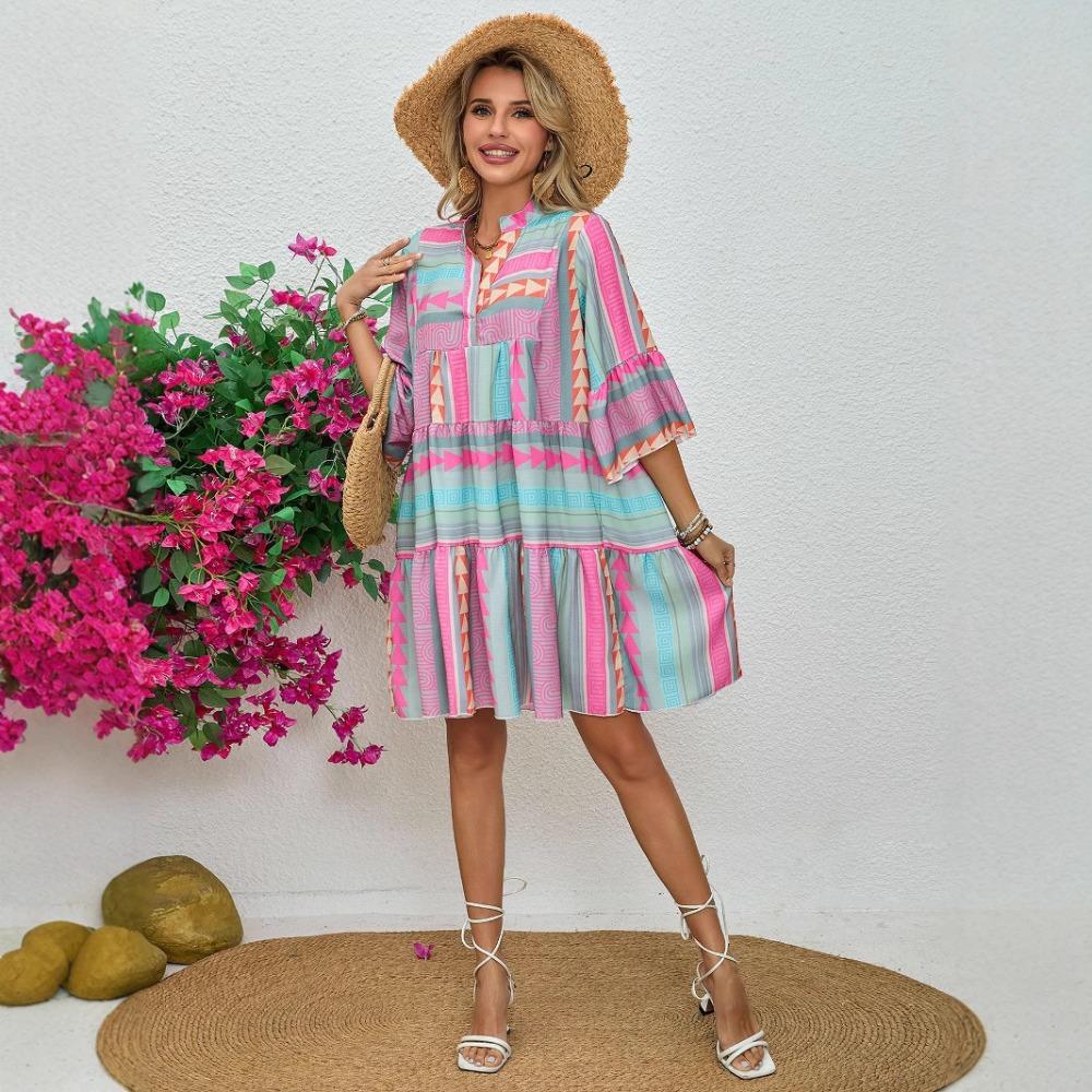 Women's V Neck Three Quarter Sleeve Printed A-Line Casual Tunic Midi Dress