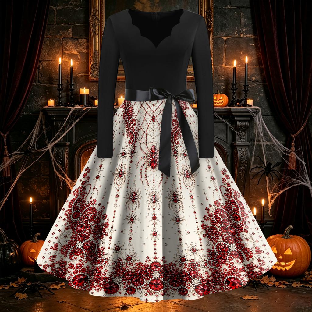 Women's Vintage Flare Dress Long Sleeve V-Neck with Halloween Print for Party and Daily Wear