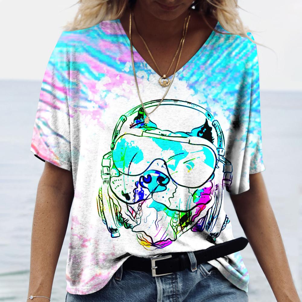 Summer New Women‘s T-shirt Animal Harajuku 3d Print Fashion V-neck Short Sleeve Quality Oversized T-shirt Females Tops Tees