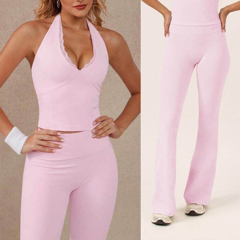 Yoga Pants Set Lace Splicing Neck Top Women's High Waist Flared Pants Running Sports Fitness Set