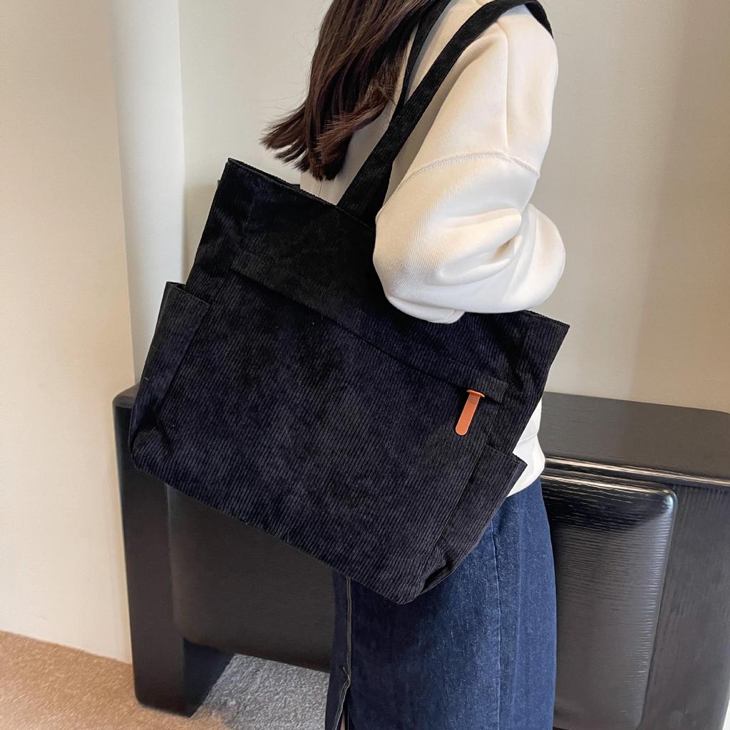 Women's Large Corduroy Tote Bag - Versatile Solid Color Shoulder Handbag