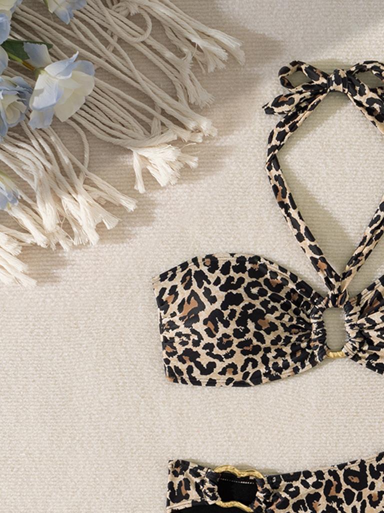 Solid Color Halter Strap Tube Top Sexy Bikini Split Swimsuit