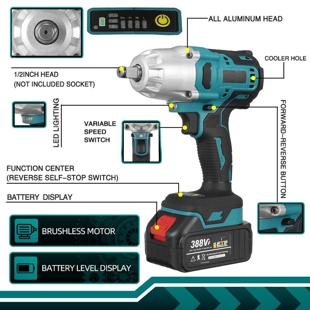 High Torque 800N.m Cordless Brushless Electric Impact Wrench 388VF1/2 inch Power Tools with 2pcs 3.0AH Rechargeable Battery