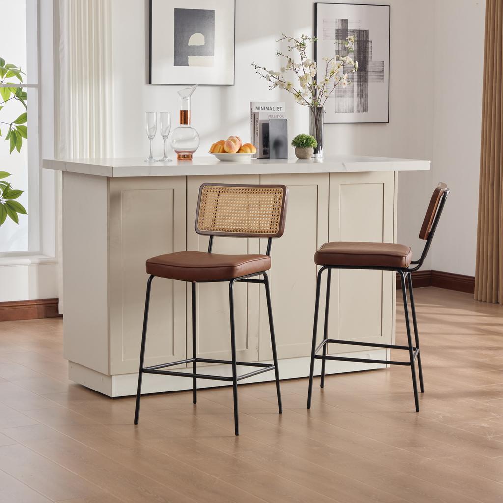 Taburete de Bar en Alto Brillo, 2 Sillas por Paquete, Tapicería de Cuero PU en Estilo Vintage, sin Reposabrazos, Respaldo con Marco de Madera, Patas de Metal.Marrón