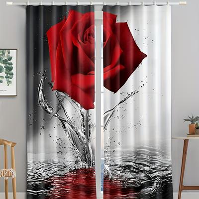 Red Rose Printing Curtain2pcs Window Treatment For Bedroom Office Kitchen Living Room Study Home Decor Room Decoration Aesthetic