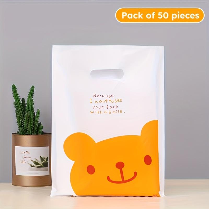 [50 Cute Bear Gift Bags] 50-Pack Cute Bear Design Plastic Gift Bags | White Cartoon Animal Shopping Bags for Party Favors, Wedding
