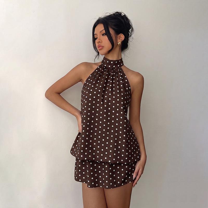 Women Sweet Vacation Polka Dot Halter Backless A Line Mini Dress S коричневый