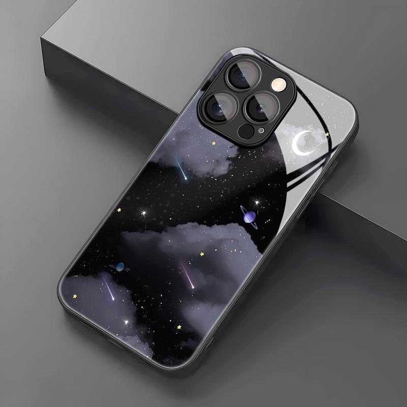 Black Starry Sky Pattern Glass Material Phone Case For iPhone 17 16 15 14 Pro Max 13 12 11 Pro 16E 7 8 Plus XR XS X Cover