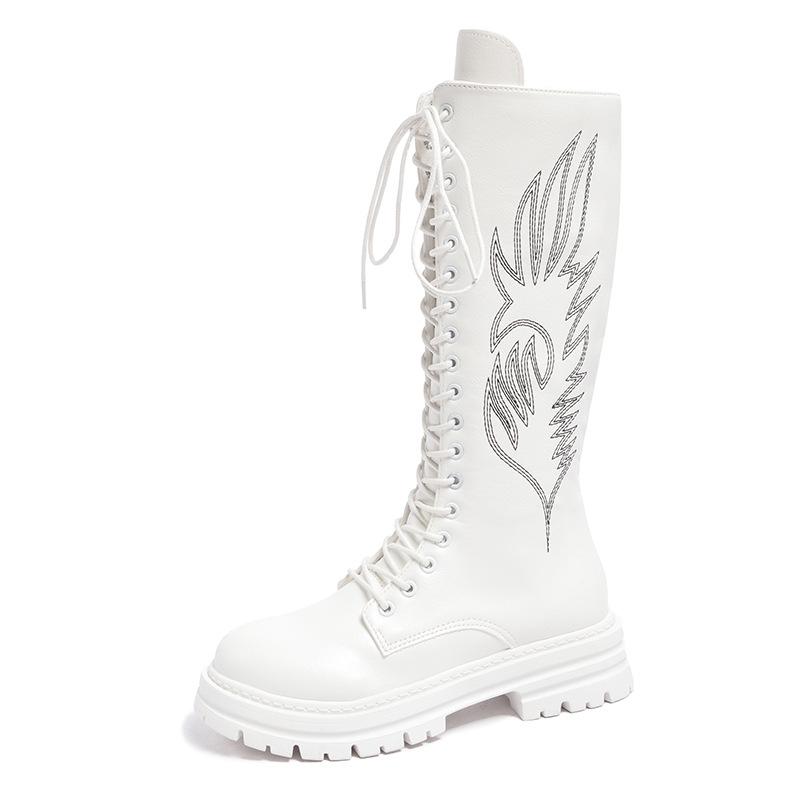 Fashion Embroidered Boots for Women 2025 Autumn New Thick-soled High-top Knee High Boots Retro Round Toe Long Platform Botas Femenina