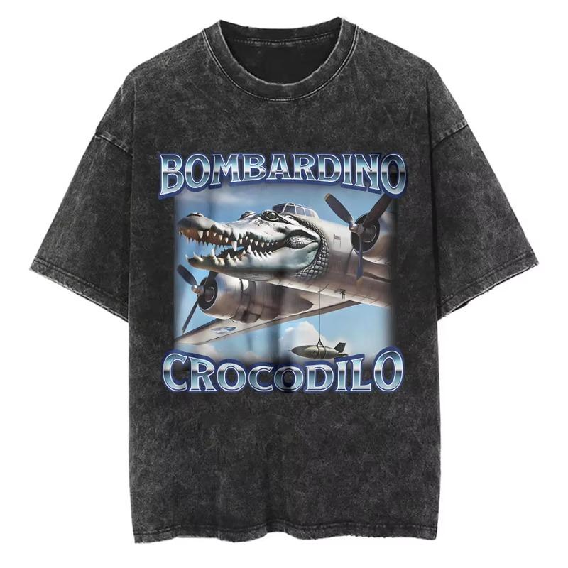 Vintage Washed Bombardiro Crocodilo T Shirt Funny Plane Bomber Crocodile Meme T-shirts Men Women Gothic Casual Humor T Shirts
