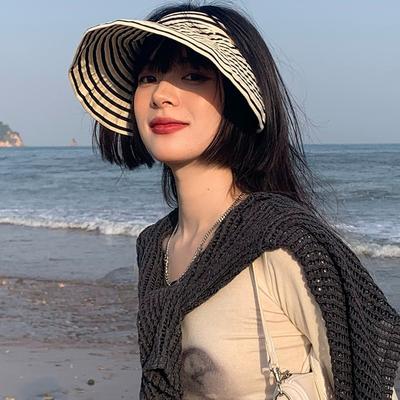 Fashion Hat Female Summer Fashion Versatile Topless Sun Hat Summer Black and White Stripes Cycling Sunscreen Foldable Hollow Top Hat Tide