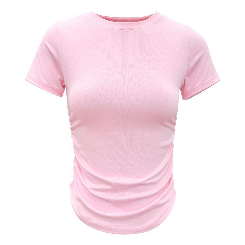 

Export Yoga Clothes Women s Spring and Summer Cross-Border Stretch Tight Fitness Sports Elegant Quick-Drying Pleated Sweat-Wicking Short Sleeve Tops Sakura powder short sleeve XL