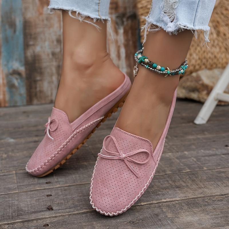Women's Retro Bow Flat Mules - Soft, Comfortable, Breathable Slip-On Sandals in Pink Perforated PU Cover with TPR Sole and Fabric Lining