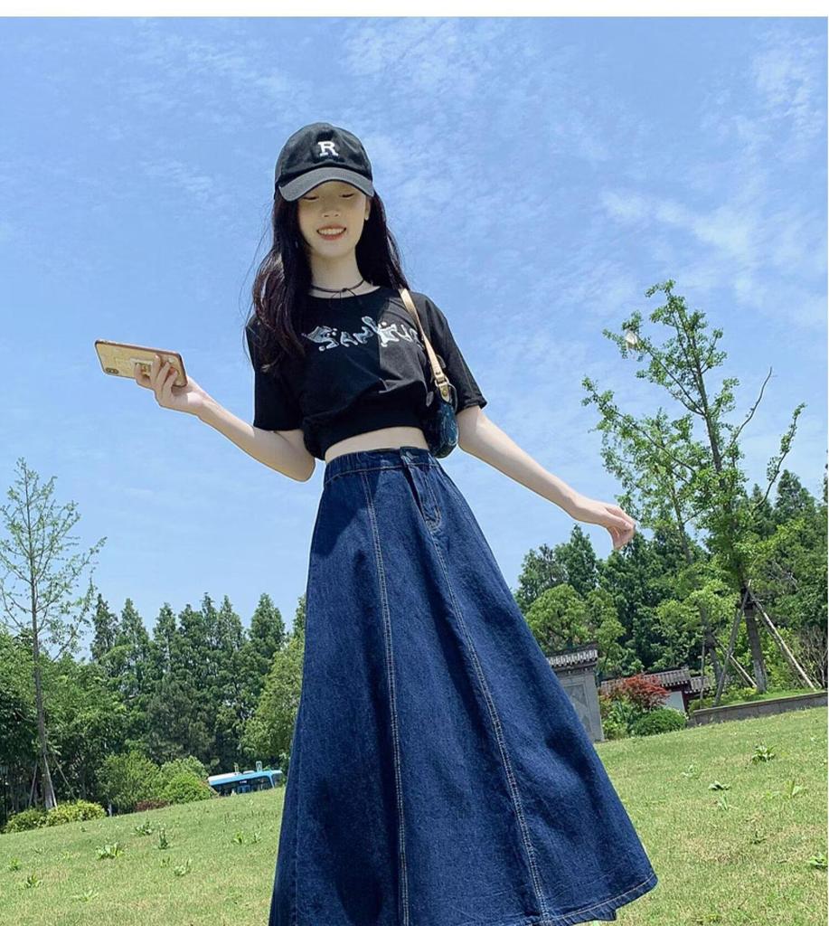 2025 Retro Elastic Waist A-line Denim Skirt - Slimming Mid-Length Design