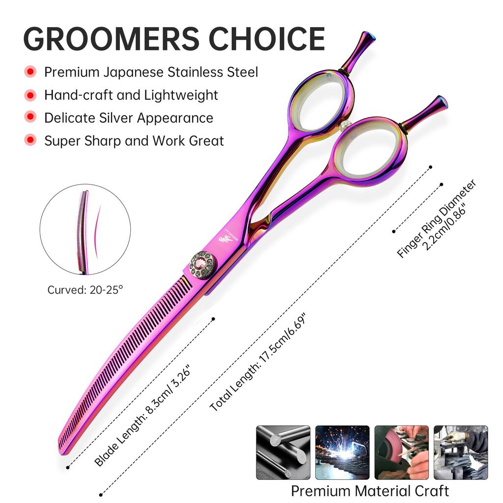 7.0 inch JP440C pink dense tooth curved tooth cosmetic scissors curved scissors, pet trimming scissors curved tooth scissors