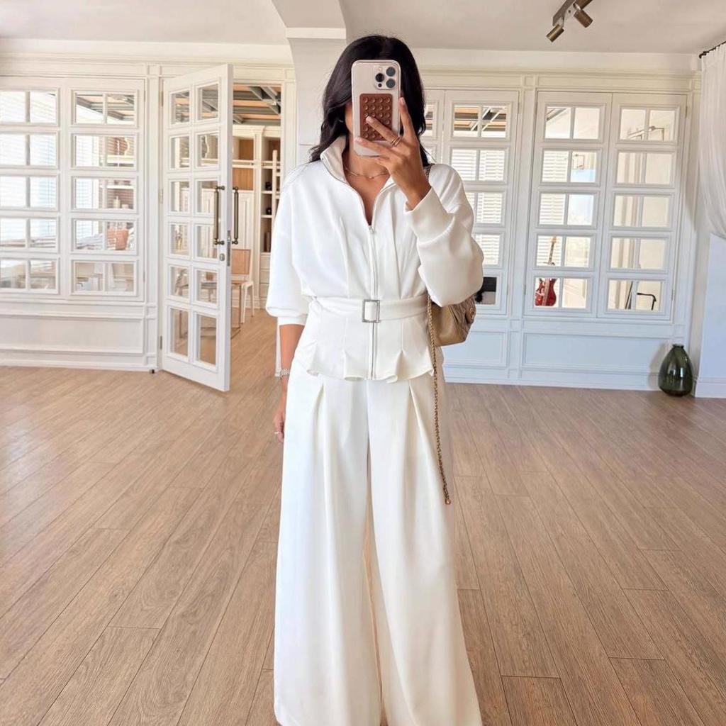 2025 Women's Zipper Long Sleeve Sports Casual Pants with Belt - Wide Leg Set
