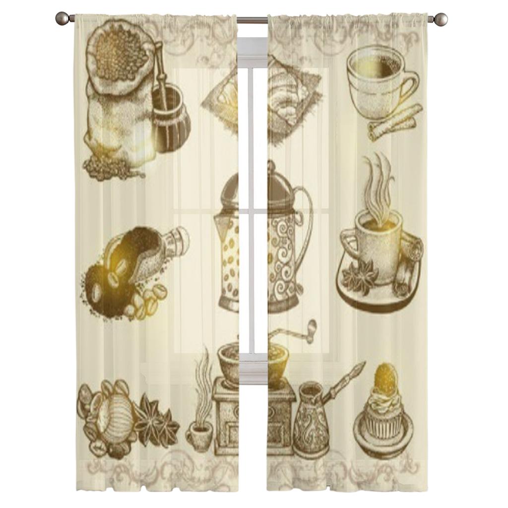 Vintage Coffee Set Sheer Curtains for Living Room Transparent Tulle Window Treatments Bedroom Kitchen Home Decor Veil Drapes