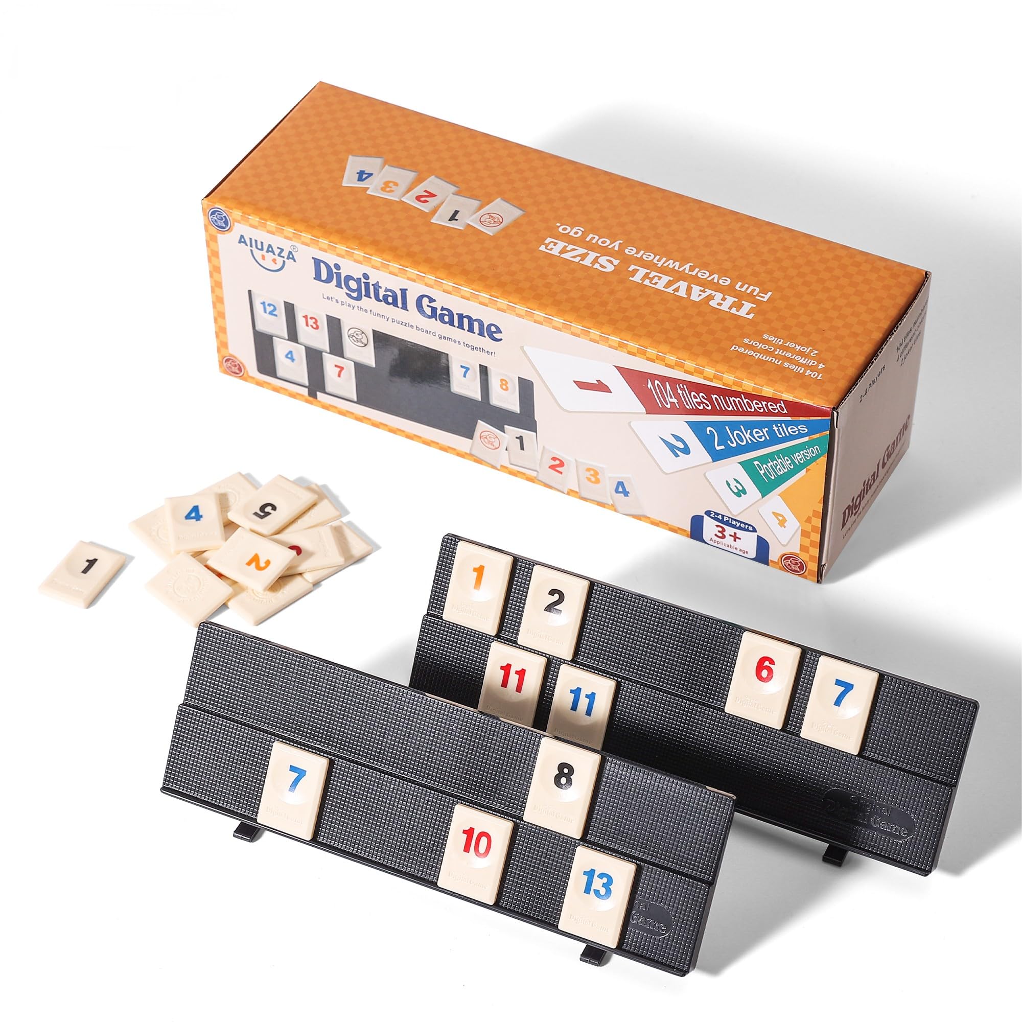 

AIUAZA Игрок Рамми Куб 106 штук Игра Рамми Куб Портативный Набор для Путешествий Рамми с 4 Подставками для Плиток Классическая Игровая Доска для Игрока Включает Цифровые Карточки Маджонг 2-4