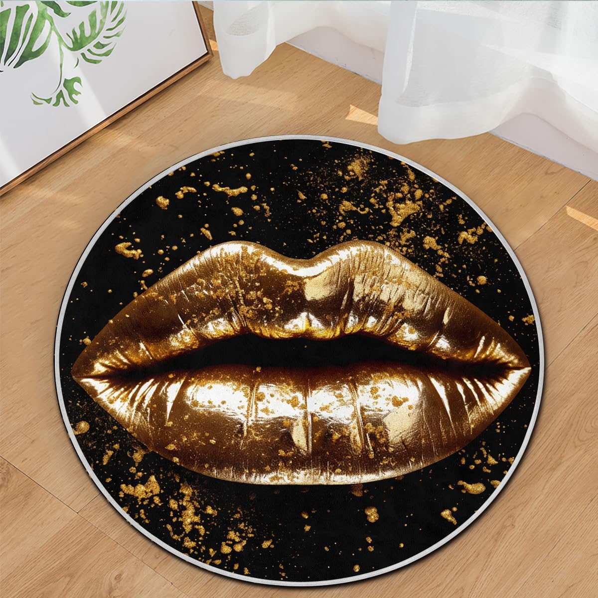 

Vintage Gold Kiss Lips Round Rug, Luxurious Non-Slip Mat for Bedroom, Living Room, Nursery Decor, Machine Washable Diameter 60cm