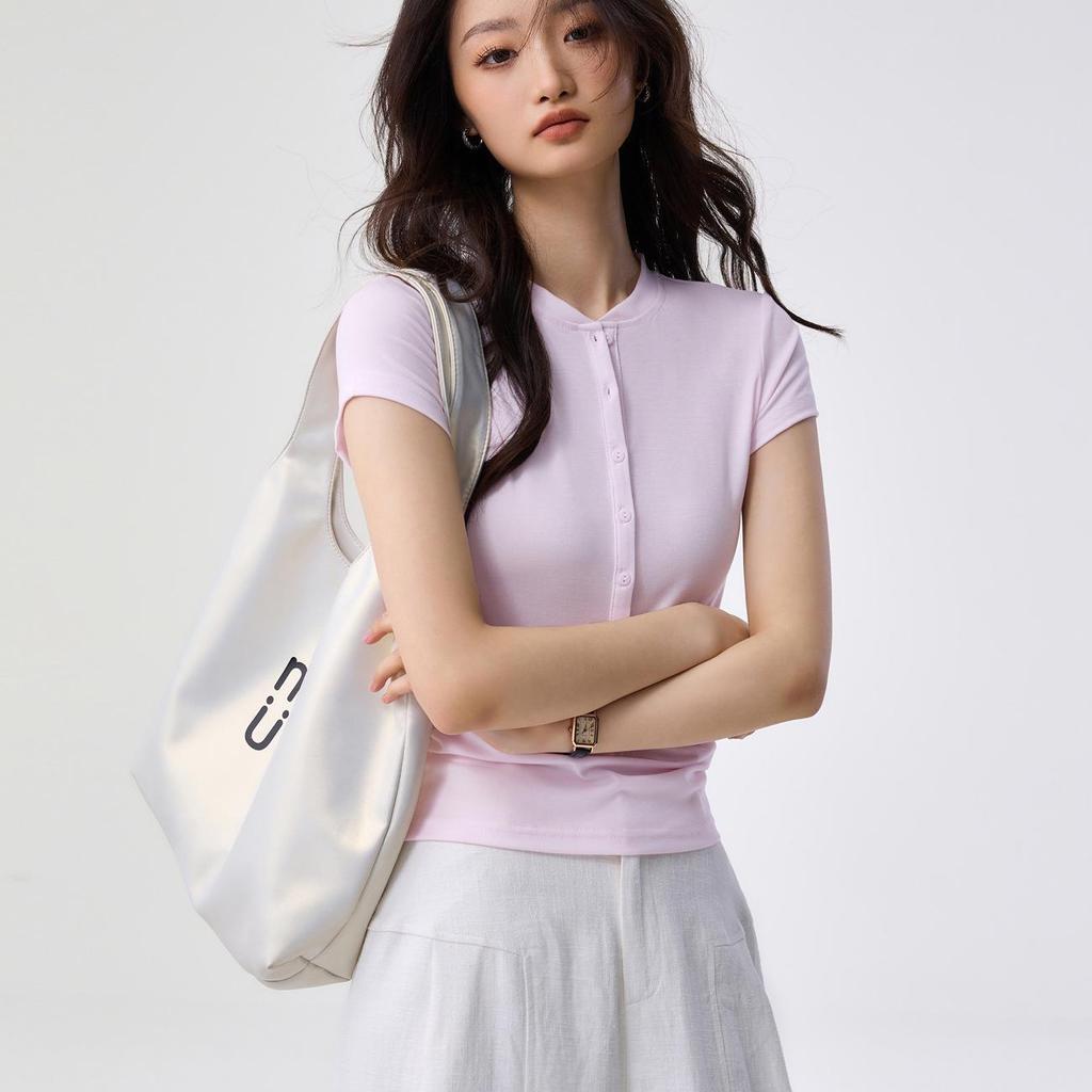 Women's Elegant Tencel Lyocell Henley Short Sleeve Slim Fit Top