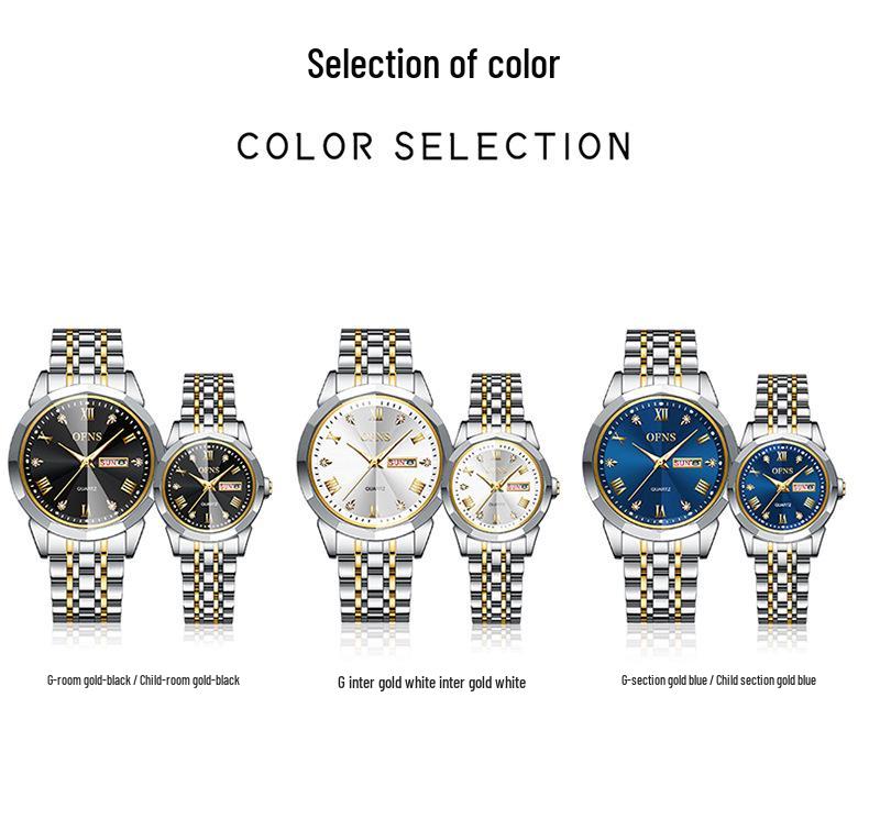 Orologi al Quarzo Impermeabili per Coppia Oufanni con Doppio Calendario e Bracciale in Acciaio Luminoso