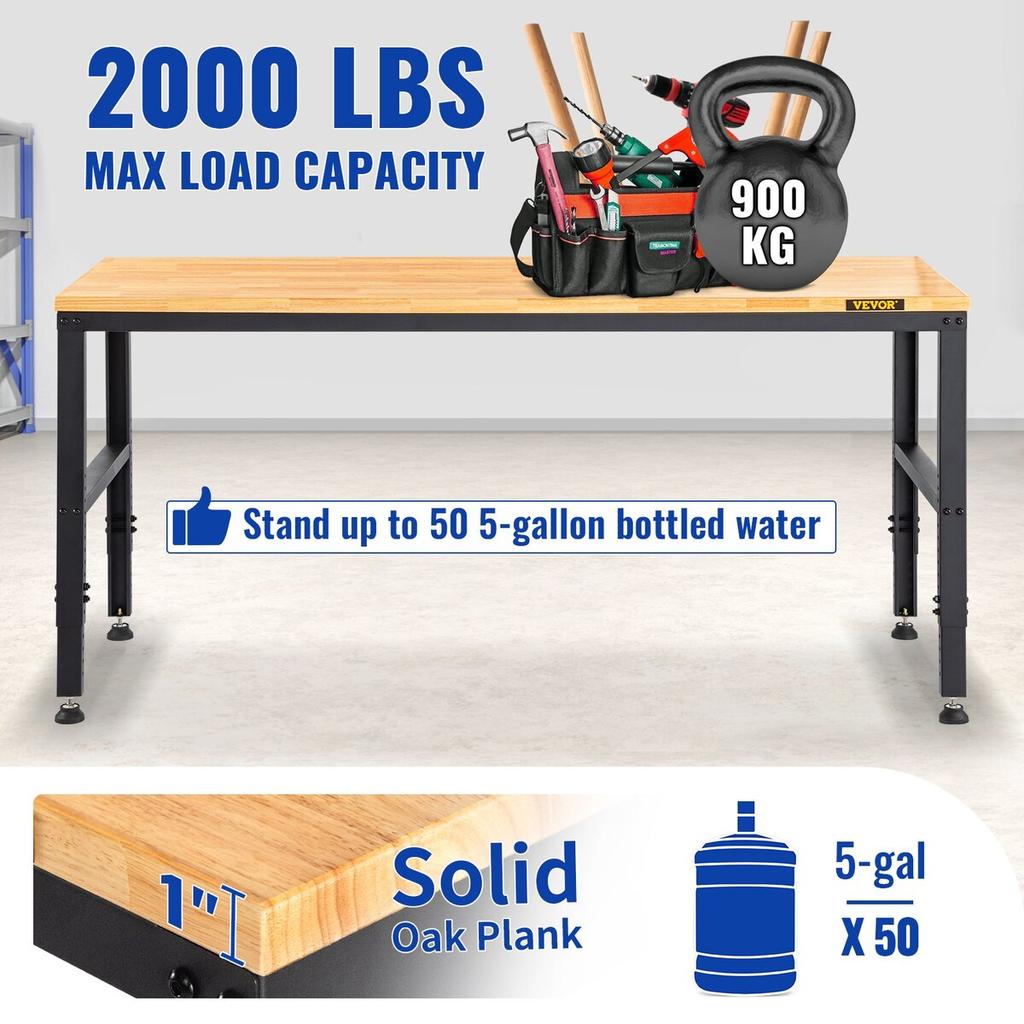 Adjustable Height Workbench 48"L x 20"W Work Bench Table with Power Outlet