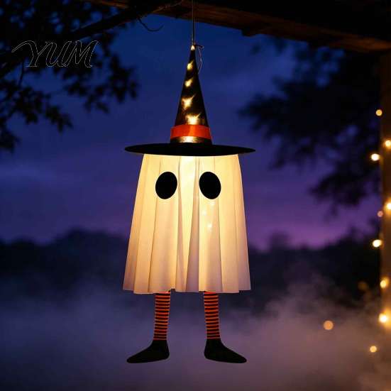 Mysterious Glow Yard Decor Halloween Hanging Ghost Decoration with Witch Hat And Leg, LED Lighted Spooky Indoor Party Ornaments Floating for