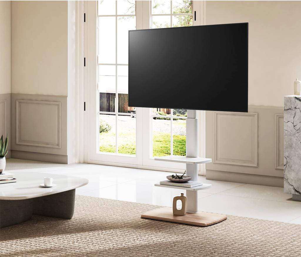 FITUEYES TV TV Compatible with Inch Height Load Capacity Wood Wooden Bottom 2 Middle Shelves White Stand, Wall-mounted Stand, 32-70 TVs, Adjustable,