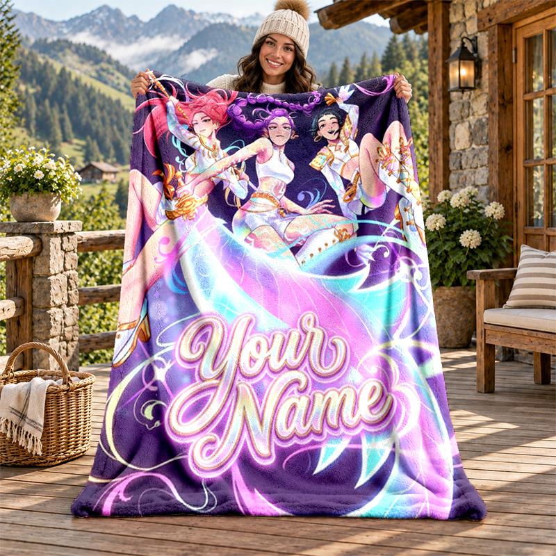 Kpop Demon Hunters Custom Name Flannel Blanket Personalized Soft Warm Plush Throw Blanket Customized Gift for Family Friends
